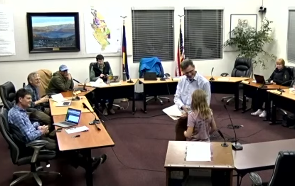 Hazel Patera was among six students of the month honored at Tuesday’s meeting. Congratulations also to Isla Sohner, Cedar Brehm, Lewis DiCuollo, Sofia Hernandez-Candela and Caroline Suhrbier. Screengrab by Raleigh Burleigh